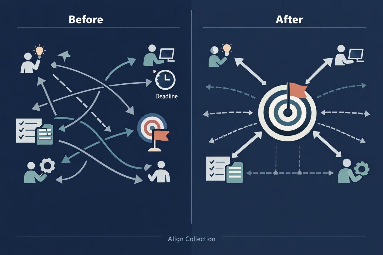 A dark blue infographic comparing a chaotic 'Before' state with an organized 'After' state. The left side shows tangled arrows, icons of people, documents, and a deadline target.