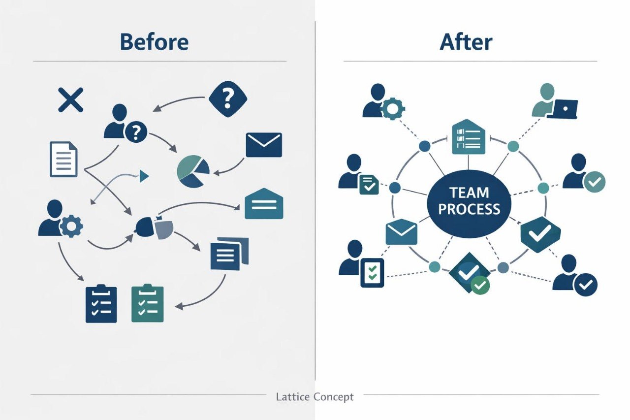 A before-and-after process diagram on a light gray background. The left side is labeled 'Before' and shows a loose, unorganized flow of icons with question marks, arrows, and documents.