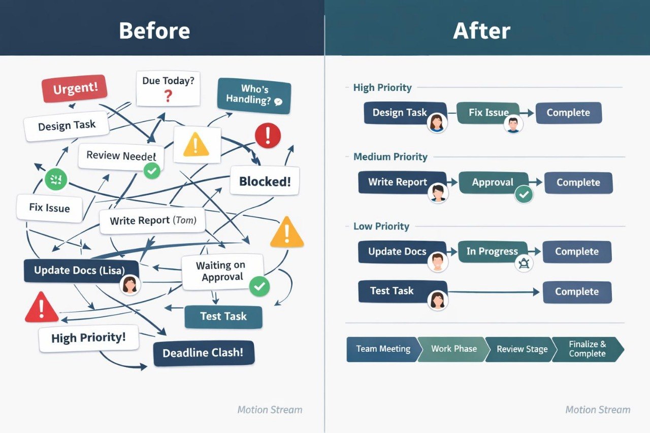 A before-and-after productivity flowchart comparison on a split background, with the left side labeled 'Before' showing a cluttered web of task arrows and labels, and the right side labeled 'After' showing streamlined priority-based task flows.