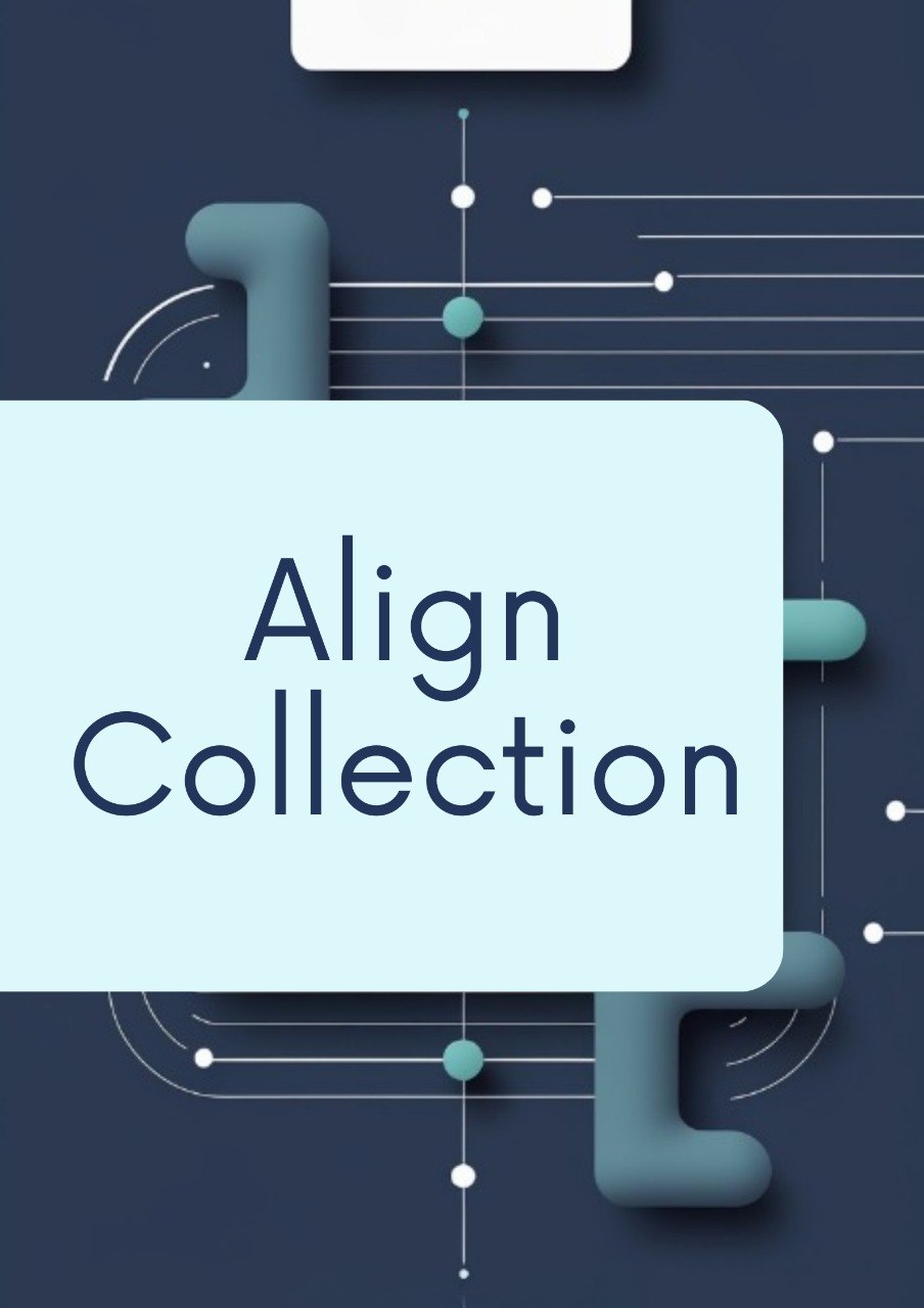 A digital graphic banner featuring the text 'Align Collection' in dark navy blue lettering inside a large, light blue rounded rectangle. The background is a dark navy blue with abstract 3D geometric shapes in a muted teal color and thin white lines.