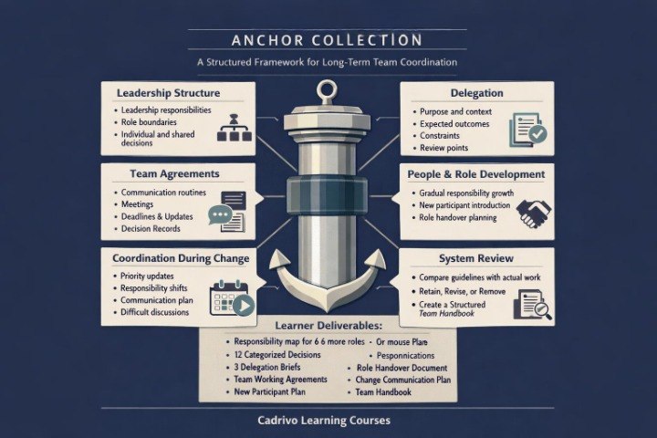 An infographic titled 'ANCHOR COLLECTION' on a dark blue background, showing a large anchor graphic with six labeled panels around it: Leadership Structure, Delegation, Team Agreements, Coordination During Change, People & Role Development, System Review, and Learner Deliverables. Small icons and text explain each section.