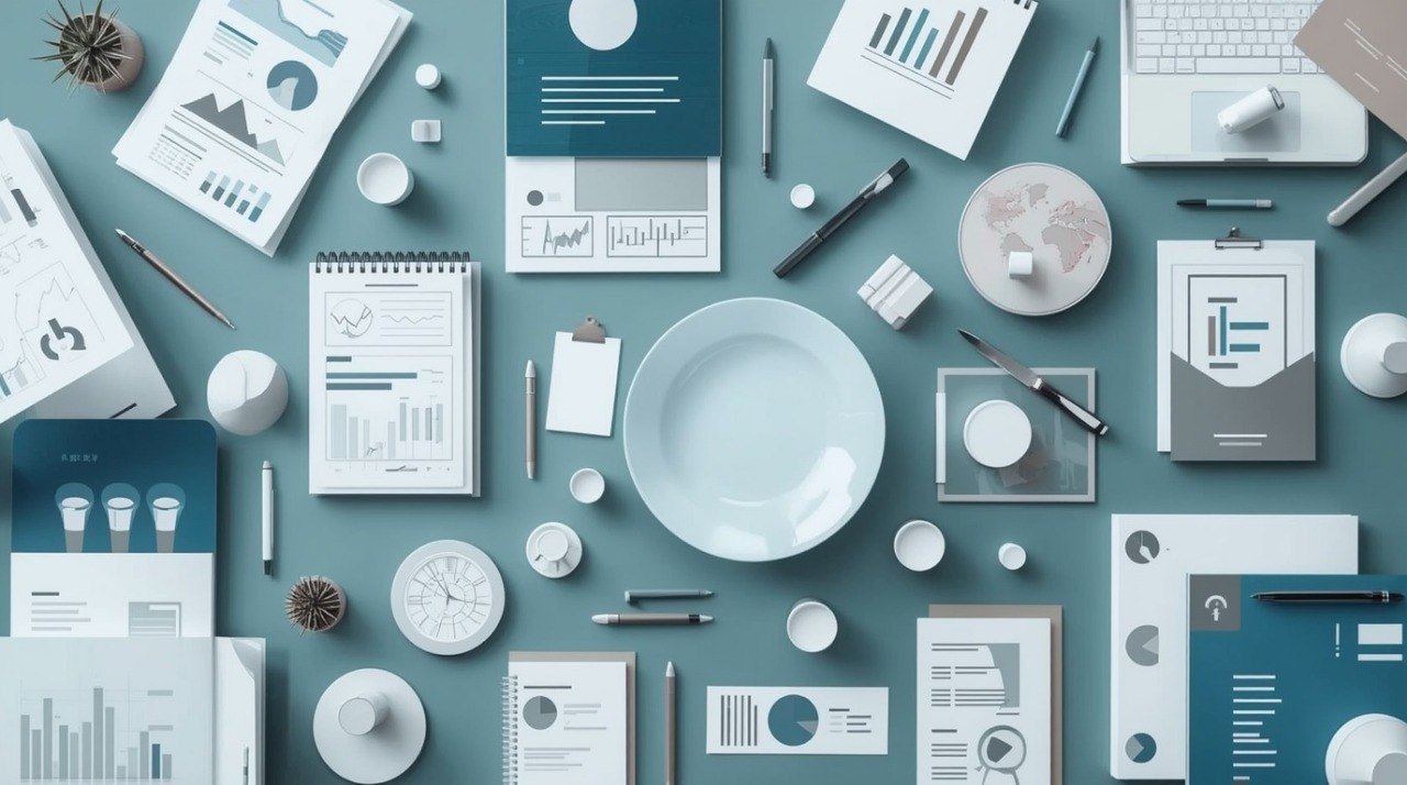A top-down flat lay of office stationery and desk accessories arranged on a teal surface, including notebooks, printed reports, pens, a laptop, a globe, and a large white plate in the center.