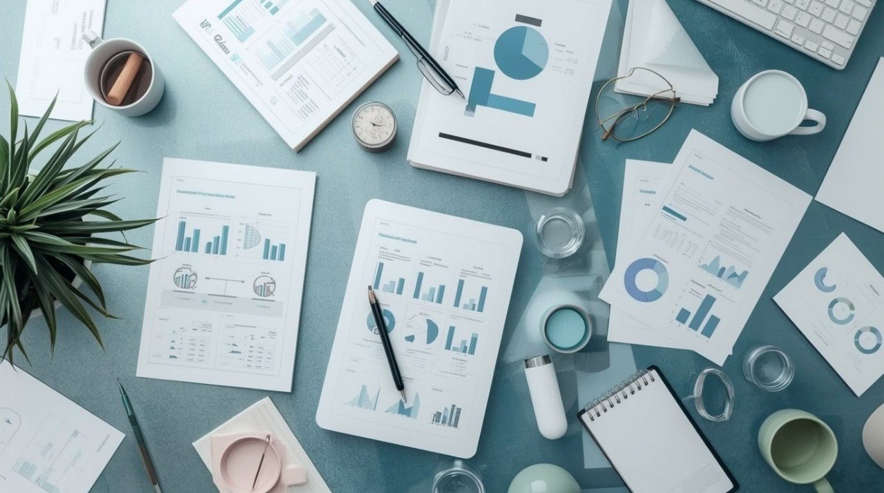 A styled flat-lay of business and office supplies on a teal surface, including tablets and printed charts, notebooks, pens, glasses, mugs, and a small plant.
