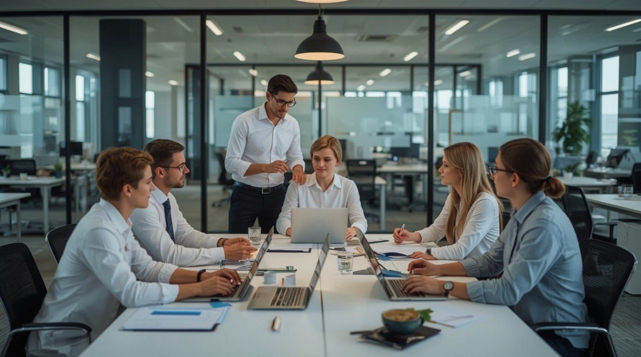 A group of five professionals in a modern office setting, gathered around a white conference table with laptops and documents. A man in a white shirt stands at the head of the table, presenting or discussing a project with his team.