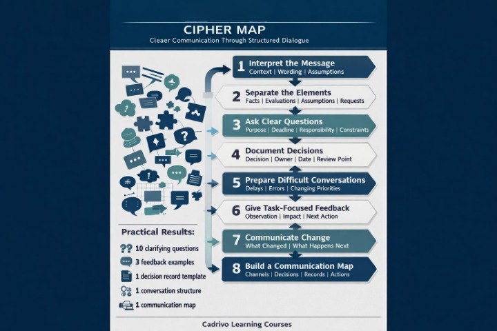 An infographic poster titled 'CIPHER MAP' with a dark blue background, featuring a white central panel with numbered steps from 1 to 8 for clearer communication through structured dialogue, plus icons and practical results listed on the left.