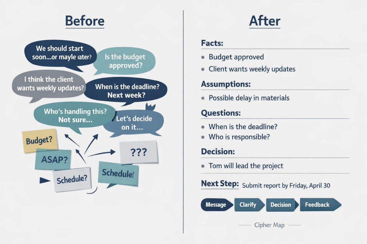 A digital graphic titled 'Before' and 'After' showing a communication flow diagram in a cipher map format. The left 'Before' section features various text bubbles like 'We should start soon.