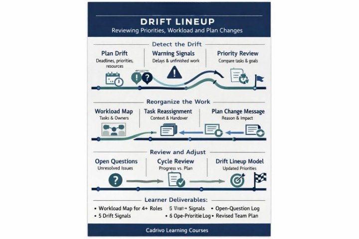 An infographic titled 'DRIFT LINEUP' with a dark blue header and footer, showing a process flow for reviewing priorities, workload, and plan changes. The diagram includes icons and text blocks such as 'Detect the Drift,' 'Reorganize the Work,' 'Workload Map,' 'Review and Adjust,' and 'Learner Deliverables,' on a white background.
