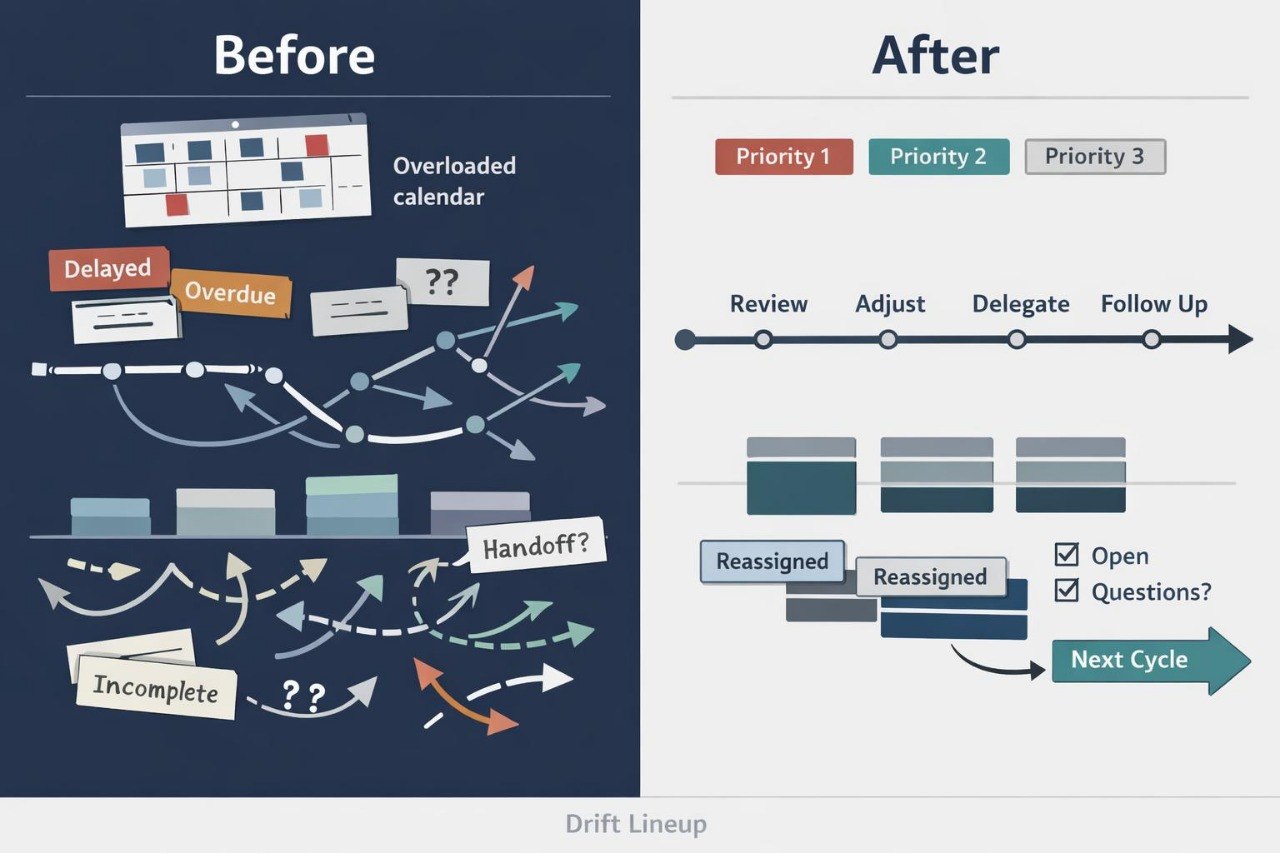 A before-and-after infographic comparing a disorganized 'Before' workflow with a streamlined 'After' workflow. The left side, labeled 'Before,' shows a cluttered calendar, delayed and overdue notes, handoff questions, and incomplete tasks on a dark navy background.