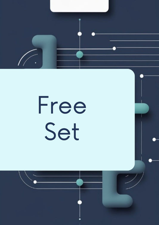 A promotional graphic with the words 'Free Set' in dark blue text inside a large pale blue rounded rectangle, set against a dark navy background with abstract teal geometric shapes and white line details.