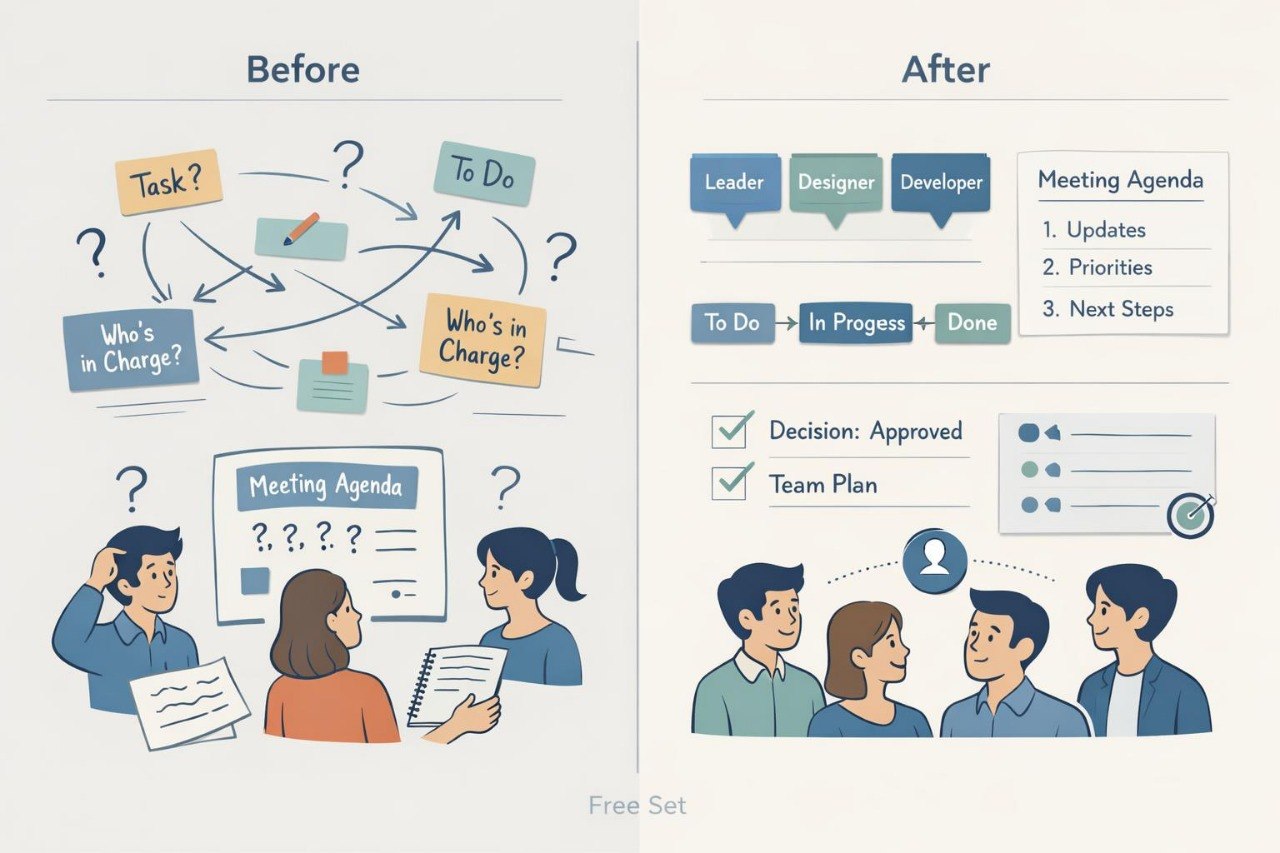 A split-panel illustration comparing a messy 'Before' meeting scene with an organized 'After' meeting agenda. The left side shows confused team members and unclear task boxes; the right side shows a clear meeting agenda, checked boxes, and happy team members.