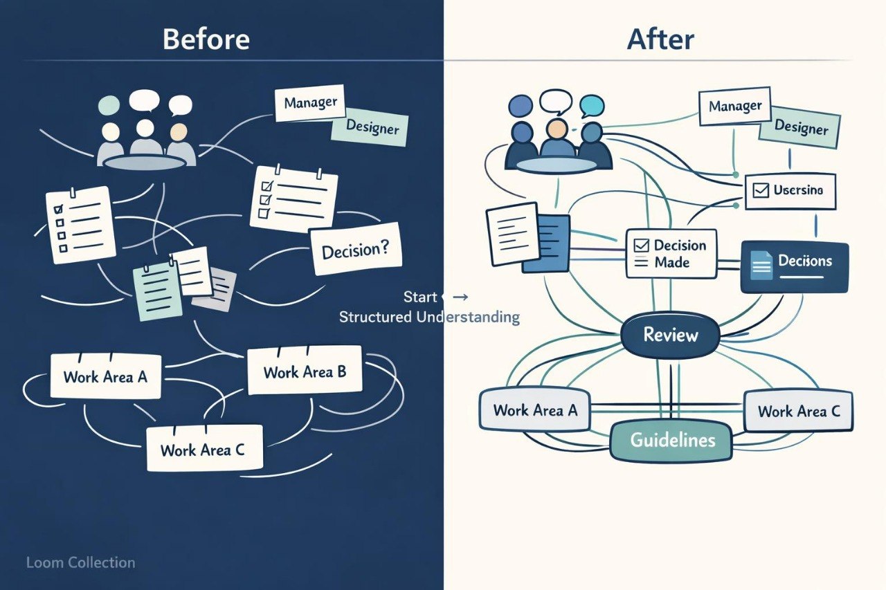 A side-by-side comparison graphic labeled 'Before' and 'After' showing a simplified workflow diagram with icons for manager, designer, users, decisions, guidelines, and work areas. The left panel has a dark navy background and the right panel has a light cream background.
