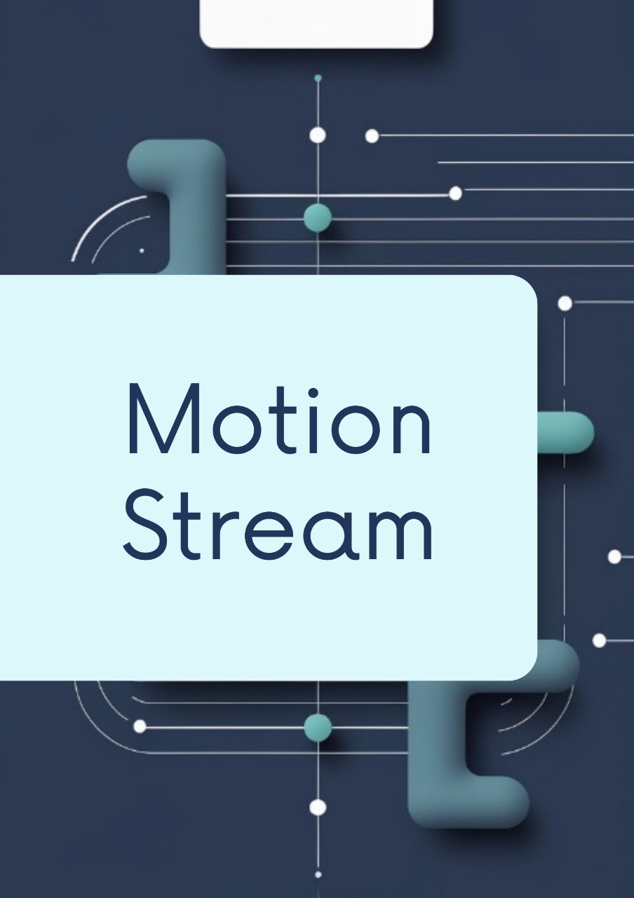 A digital graphic with the words 'Motion Stream' in dark navy text inside a large pale light-blue rounded rectangle, set against a dark navy background with abstract teal geometric shapes and thin white line details.