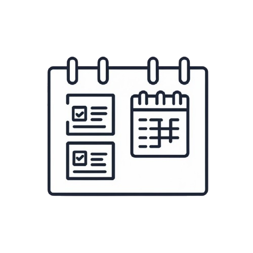 A minimalist black line icon of a calendar with two pages, one checked, on a plain white background.
