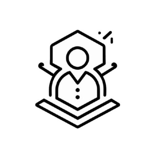A minimalist black line icon depicting a person in a suit standing on an open book, with a hexagonal head shape and small motion lines, centered on a plain white background.