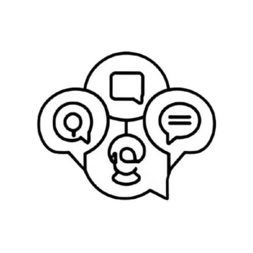 A minimalist black line icon depicting a group of communication bubbles and chat symbols, centered on a solid white background.