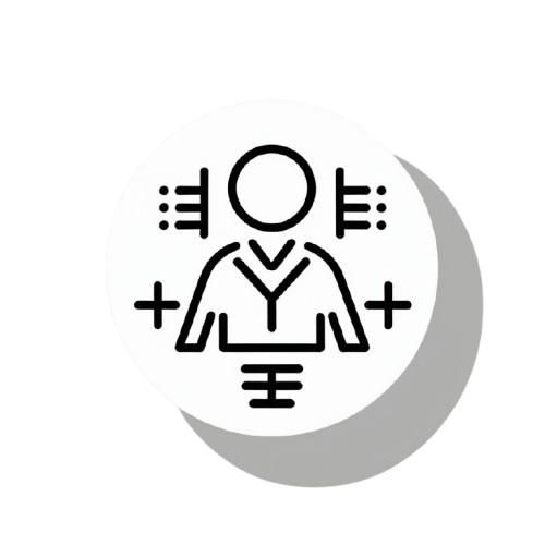 A minimalist black line icon of a person in a lab coat surrounded by medical symbols, centered inside a white circular badge with a soft gray drop shadow on a white background.
