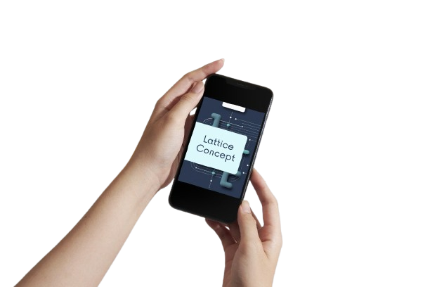 A person's hands holding a black smartphone against a solid white background. The smartphone screen displays a digital graphic with the text 'Lattice Concept' on a light blue card over a dark blue circuit-board style background.